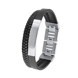 s.Oliver 2036861 Stainless Steel Leather Men's Bracelet 18.5 + 1.5 + 1.5 cm Black Comes in Jewellery Gift Box, Stainless Steel Leather, None