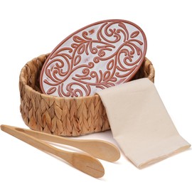 Bread Warmer Basket with Stone - Includes Linen Towel and Clips,Bread Baskets for Serving Tortilla,Sourdough,Terracotta Loaf Warmer Gifts for Hostess Gifts New Home,Sourdough Bakers,Mom Dad Birthday