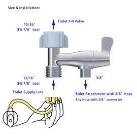 Hibbent Bidet T adapter Toilet Connector with ON/OFF Valve - 15/16" x 15/16" x 3/8" - Chrome Finished