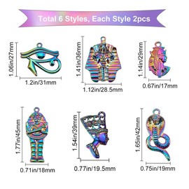 SUNNYCLUE 1 Box 12Pcs 6 Styles Egyptian Charms Colorful Alloy Eye of Horus Pharaoh Cobra Snake Pendants Rainbow Color Etched Metal for Jewelry Making Charms DIY Bracelets Crafts Supplies