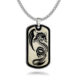 K & Co. Dragon Stainless Steel Dog Tag Necklace, Personalize Stainless Steel Dog Tag Necklace, Black Dog Tag Necklace with Dragon Design SSN670 (No Back Engraving)