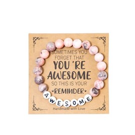 COLORFUL BLING Natural Healing Stone You’re Awesome Beaded Strand Adjustable Bracelet with Meaningful Card Inspirational for Women Jewelry Gifts Wristbands Faith Christmas Birthday-Pink