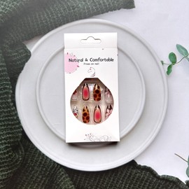 Flower Press on Nails Almond Medium Fake Nails Glossy Spring Summer Stick on Nails Brown Amber False Nail with Flower Gold Beads Design G.lossy French Tip Glue on Nails for Women Nail Art Decoration