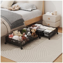 YEEBONIX Under Bed Storage with Wheels, Foldable Pattern Carved Metal Under The Bed Storage, Tool-Free Assembly Under The bed Storage Bins, 60L Underbed Storage for Bedroom Clothes Shoes Toys-2 Pack