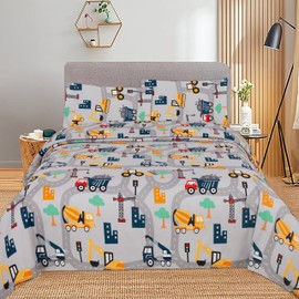 MK Collection - Juego de sábanas para niños y adolescentes, camiones excavadores, amarillo, azul marino, gris, rojo, blanco, juego de sábanas de lujo (matrimonial)