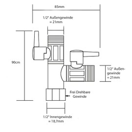 3-way T-distributor with 2 shut-off ball valves, for connecting 2 devices/connections with 1/2 inch male thread.