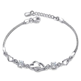 Hinvan 925 Sterling Silver Bracelet Silver Heart Bracelet Shiny Crystal Diamond Adjustable Bracelet 925 Silver Bracelets with Jewellery Box Bracelet for Women Girls