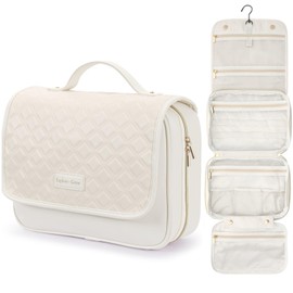 PACKISM Hanging Travel Toiletry Bag for Women - Plaid Leather Travel Makeup Bag with Detachable Organizer, Waterproof Cosmetic Bag for Full-Sized Toiletries Fit Shower Bathroom Cruise, Off-white (M)