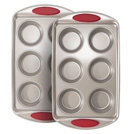 6-Cup Muffin Pans Set of 2, Nonstick Round Cupcake Pan with Silicone Grip Handles for Baking, Heavy Duty 0.6mm Thicker Steel Muffin Tins, Non-toxic & Dishwasher Safe