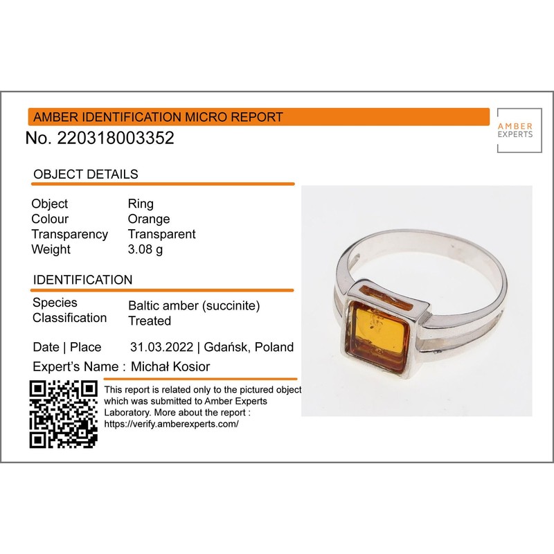 Sterling Silver and Baltic Honey Amber Flat Square Ring "Lottie",