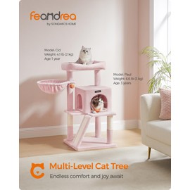 Feandrea Cat Tree, Small Cat Tower with Widened Perch for Large Cats Indoor, Kittens, 37.8-Inch Multi-Level Cat Condo, Scratching Posts and Ramp, 2-Door Cat Cave, Cat Basket, Jelly Pink UPCT051P01