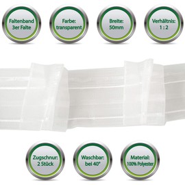 Bestgoodies Curtain Tape for Sew-On (5 m - 50 m), Various Designs such as Ruffle Tape, Pleated Tape or Tuxedo Tape for Curtains and Curtains
