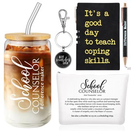 Sunnychic 5 Pcs School Counselor Appreciation Gifts 16oz Glass Cup Makeup Bag Leather Notebook Pen Keychain Back to School Gift for Mental Health Teacher Educator Psychologist Therapist(Black)