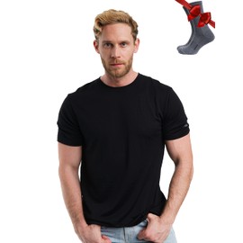 Merino.tech Merino Wool T-Shirt Mens - 100% Organic Merino Wool Undershirt Lightweight Base Layer + Hiking Wool Socks (Large, Black Ink)