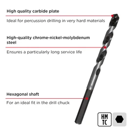 kwb ROCKER concrete and stone drill Ø 4 mm with high-quality, high-temperature brazed carbide plate, optimum drill dust transport, and hexagonal shank, extremely durable, complies with ISO 5468