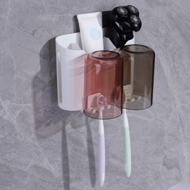 Eichzer Wall-Mounted Toothbrush Holder with Two Rinse Cups, Plastic Toothpaste Holder with 3 Slots, Space-Saving Bathroom Organizer Holds 4 Toothbrushes, Waterproof and Easy to Install (White)