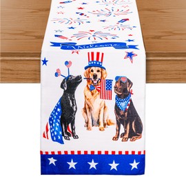 4th of July Patriotic Memorial Day Table Runner, 13 x 72 Inch Independence Day Holiday Kitchen Dining Table Decor for Indoor Outdoor Home Party Decoration（Puppy）
