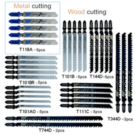 Nutabevr Professional 35 Piece T Shank Single Cam Shank Jigsaw Blade Set for Metal Cutting and Wood with Plastic Box T118A/T144D/T101BR/T101AO/T111C/T744D/T344D, for Chipboard, Plywood