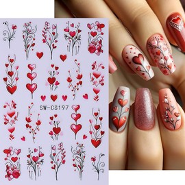 Heart Nail Art Stickers Decals 3D Valentine's Day Nail Stickers 6PCS Self-Adhesive Flower Heart Ball Plant Nail Art Design Supplies Red Heart Nail Decals for Women Nail Art Decorations Accessories