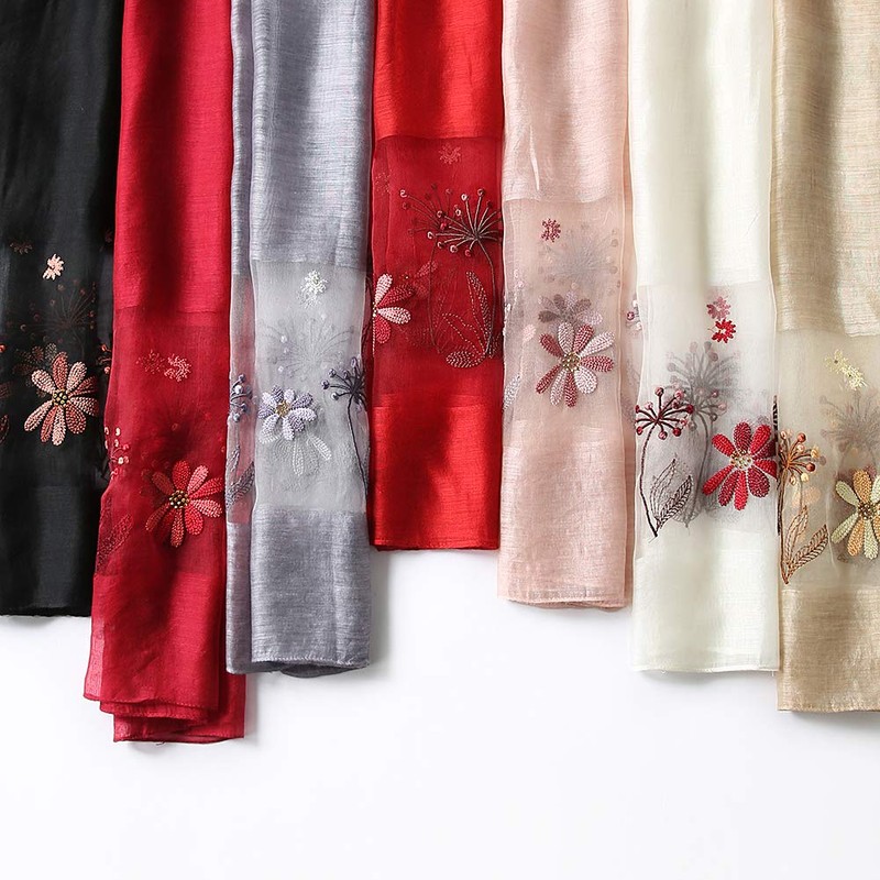 ANMIDA Women's Silk Stole, Large Scarf, Shawl, Silk Embroidery, Floral
