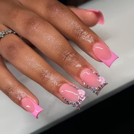 Pink French Tip Press on Nails Rhinestone Flower Fake Nails Spring Nail Glossy Glue on Nails Reusable Artificial Acrylic Full Cover Short Square Stick on Nails for Women Girls Manicure 24Pcs