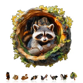 Jigfoxy Wooden Puzzle Adults, Raccoon Wooden Puzzle Adult, Unique Wooden Animal Puzzle, Family and Friends L-34 x 33.6 cm, 270 Pieces