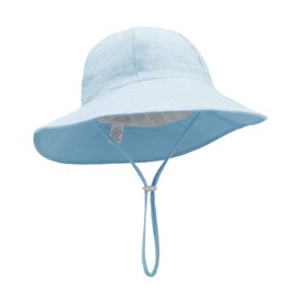 QKURT Infant Baby Bucket Sun Hat, Toddler Sun Protection Hat with Chin Strap, Newborn Cotton Floppy Summer Outdoor Beach Cap, Adjustable, Breathable, for 6-24 Months Boys Girls Blue