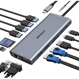 USB C Docking Station Dual Monitor for Dell/HP/Lenovo/Surface Laptop, 14 in 1 Triple Display Hub Multiple Adapter, Dongle with 2 HDMI 4K+VGA+5 Port+100W PD Charger+Ethernet+SD/TF+Audio