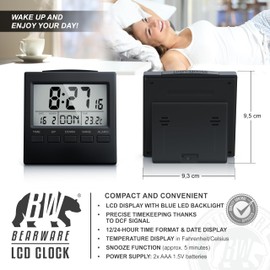 Digital Alarm Clock DCF for Bedrooms, Bedside Clock with 3.3" (8.34 cm) LCD Display Backlight, Thermometer Indoor Temperature, Snooze, Date and Day, silent alarm for Office Kids Elder
