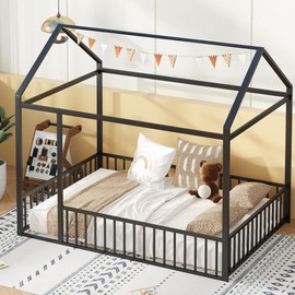 Bellemave Twin Floor Bed Frame, Metal Montessori Floor Bed Twin with Fence for Boys Girls Bedroom Playhouse for Kids No Slat, Easy Assembly House Shaped Floor Beds Black