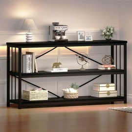 HSH Black Long Bookshelf, Large Wood Wide Horizontal Bookcase Under Window, Modern Long Open Book Shelf for Bedroom Living Room, Industrial Wooden Metal Bookshelves for Home Office, Black Oak, 63 Inch