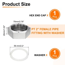 sourcing map 1pcs Hex End Cap 304 Stainless Steel Nut with Washer, PT 2" Female Thread Pipe Fitting, Gas Line Water Line Stop Valve Cap Tubing Ends for Plumbing Fittings, Silver Tone