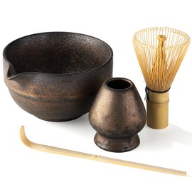 Katakuchi Rice Bowl Set, Dotomae Set, Matcha Utensils, Chawan, Chasen Stand, Chasen (100 Pieces), Chasaku, Bowl Bottom Horizontal Stripes Pattern (Ash Gold)