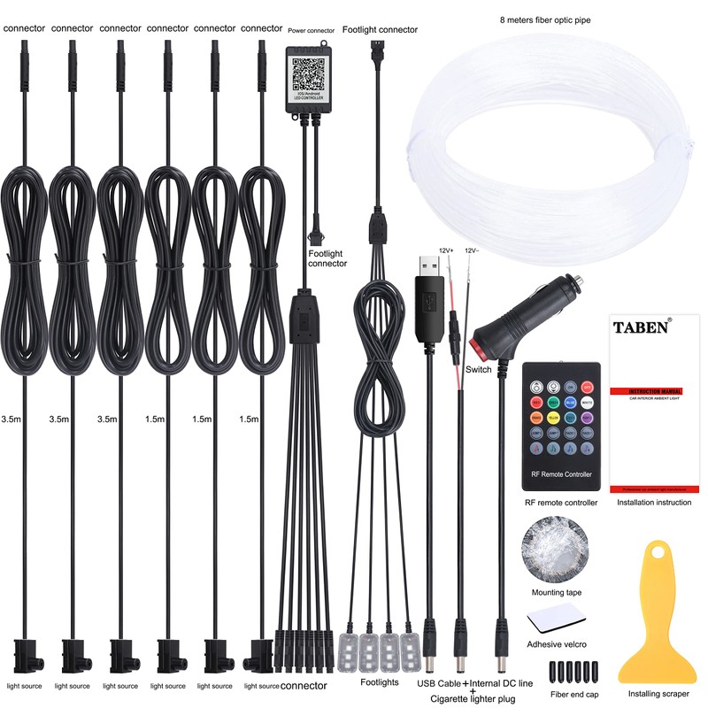 TABEN Car Ambient Lighting Kit 8m Fiber Optic 64 Colors