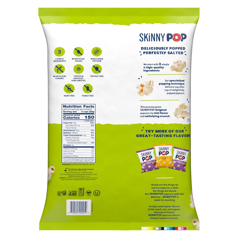 SkinnyPop Popcorn, Original, Whole Grain, Dairy-Free Snack, 8oz Family Size
