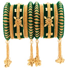 Aheli Indian Traditional Cluster Bells Hanging Valvet Wedding Bangles Chuda Set Fashion Jewelry Gift for Women