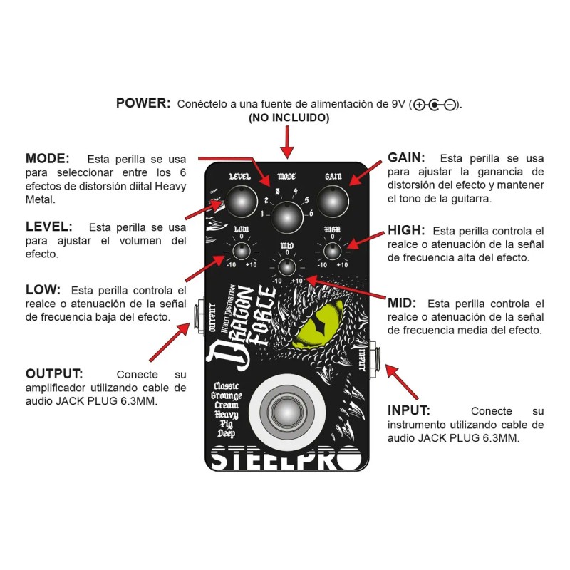 Pedal Para Guitarra Steelpro Dragon Force 6 Distorsión 9v Color