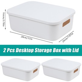 2 Pcs Plastic Storage Box with Lid, White Storage Boxes with Handles, Bathroom Storage Box with Sticker Stackable Rectangle Container with Lid for Kitchen, Office, Bathroom (28×20×9,6cm)