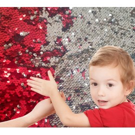 Sensory Wall Sequin Flip Fabric for Kids,0.2" Large Sequins Sensory Graffiti Fabric,Tactile Stimulation,Reversible Mermaid Fabric by The Yard (0.5yard(18"*49"), Bright Red + Silver)