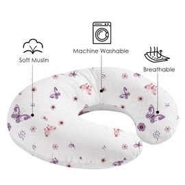 Little Grape Land Nursing Pillow Covers 2 Pack for Baby, Soft 100% Cotton Covers for Breastfeeding Pillows, Breathable Muslin Purple Butterfly Nursing Pillow Cases Fit Standard Nursing Pillows