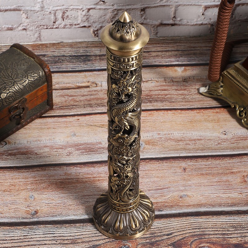 Incense Burner Bronze Tone Dragon Phoenix Relief Craft Ornaments Tea
