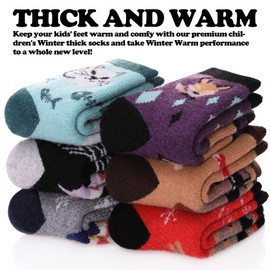 FNOVCO Kids Toddlers Wool Hiking Socks Boys Girls Winter Heavy Thick Thermal Crew Boot Socks 6 Pairs (4-7 Years, Funny Animal 01)