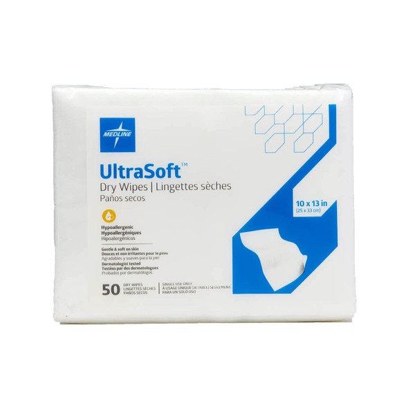 Medline Ultrasoft Absorbent Dry Cleansing Wipes, Hypoallergenic and Fragrance-Free, 10" x 13", 50 Count
