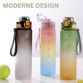 Renko Water Bottle, 1 Litre, Dishwasher Safe, BPA-Free, Sports Bottle with Time Marking for Fitness, Water Bottle with Locking Lid and Leak-Proof (Green)