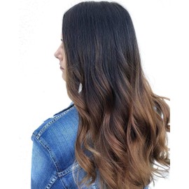 Tressmatch® 16”(18") Remy Human Hair Clip in Extensions Ombre Off Black/Medium/Chestnut Brown Full Head Volume Set 9 Pieces(pcs) [Set Weight:4.6oz/130grams]