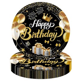 MOMAHUA Pack of 16 Happy Birthday Paper Plates Black Gold Party Tableware for 16 Guests 23 cm / 9 Inch Paper Plates Birthday Happy Birthday Party Tableware Set for Men Women Children Birthday Wedding