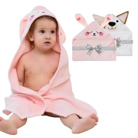 Viviland 2 Pack Hooded Baby Towels, Soft 100% Cotton Baby Bath Towels with Hood, Extra Thick and Absorbent, Essential for Newborns, Kids, Infants - Girls and Boys (Dog & Pink Rabbit)