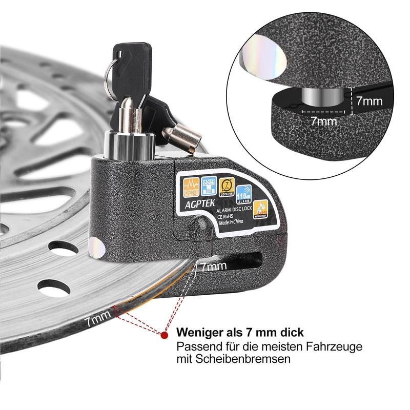 AGPTEK 110dB Motorcycle Brake Lock with 5FT Reminder Cable, Anti-Theft