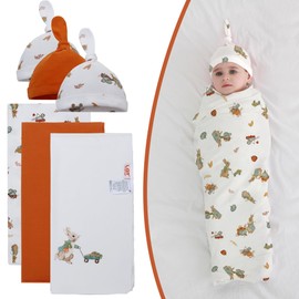 Baby Cotton Swaddle Blankets with Hat Set 3 Pack 0-3 3-6 Months Wearable Blankets Unisex Baby Sleeping Bag (rabbit)