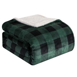 Elegant Comfort Ultra Soft Reversible Buffalo Plaid Flannel Sherpa Blanket - Cozy Silky Checkered Fleece Throw for Couch, Bed - Plush Fuzzy Warm Winter Blanket for Gift, King, Green